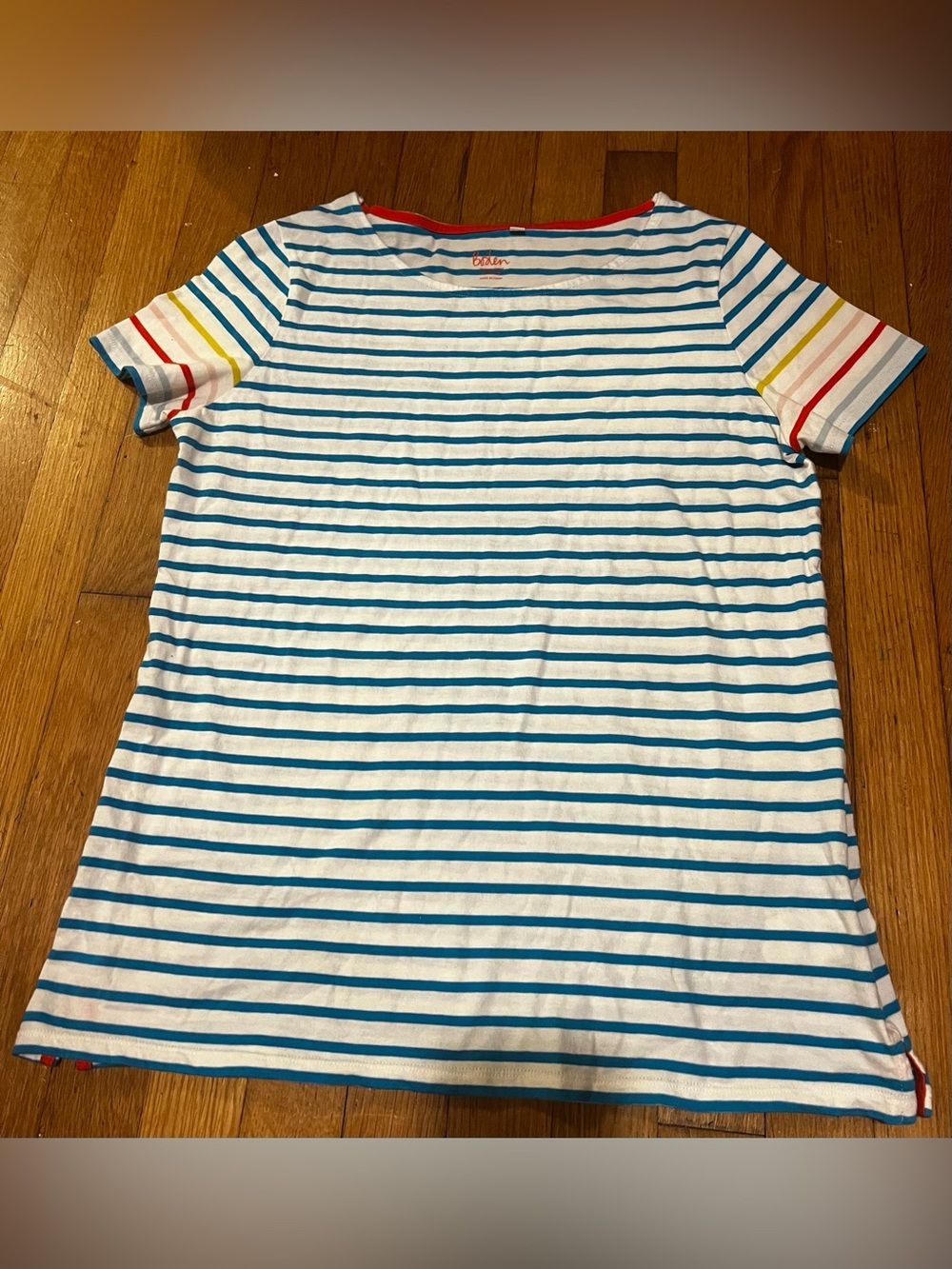 Boden White Tee with Blue Stripes and Rainbow Sleeve Accents